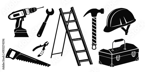 A collection of various tools and equipment for construction and repair work