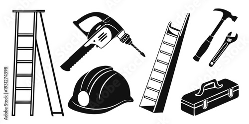 Assorted construction tools and equipment laid out in a row