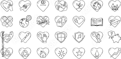 Charity and Donation Icons - Hand Drawn Doodle Hearts Collection