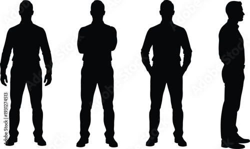 Black silhouette illustration of man standing in different poses including arms crossed, hands in pockets, and side profile, perfect for posture, body language, and design references