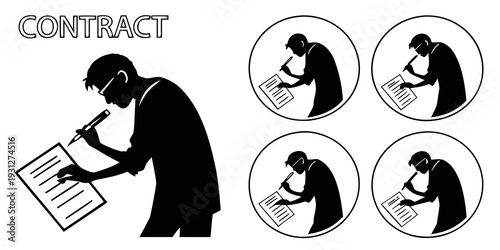 A man is signing a contract while surrounded by multiple versions of himself.