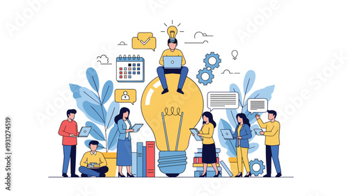 Creative brainstorm session with diverse professionals standing around a giant light bulb representing new ideas and planning.