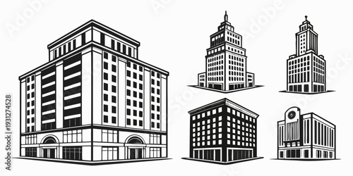 Four distinct buildings showcasing various architectural styles and designs