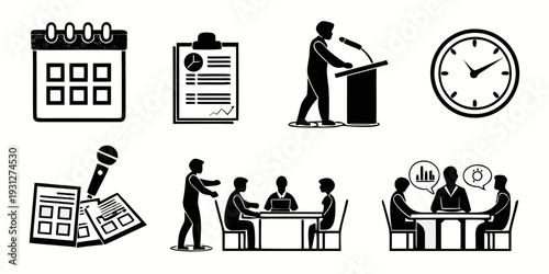 Illustration of various icons representing business and productivity concepts