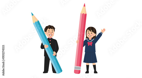 Japanese high school boy and girl students in their uniforms, each holding an oversized blue and pink colored pencil with smiles.