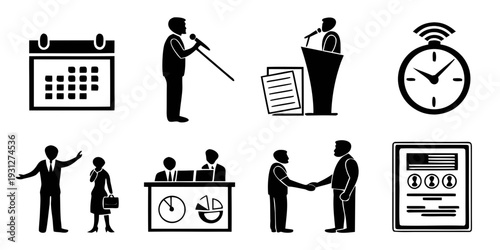 A collection of icons representing various business and office activities