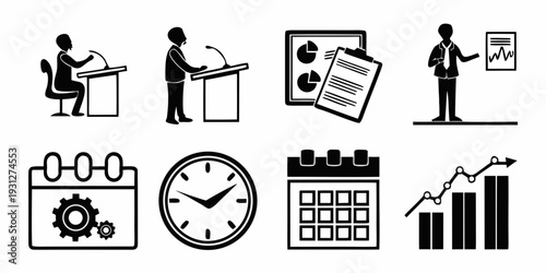 Illustrations of people engaged in various professional and time management activities