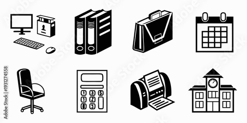 Various icons representing office equipment, furniture, and tasks