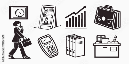 A person carrying a briefcase with various office equipment and charts in the background.