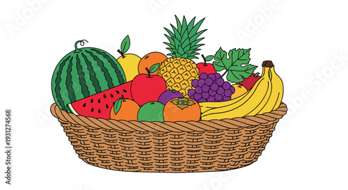 A vibrant and colorful illustration of a wicker fruit basket overflowing with a variety of fresh and healthy assorted fruits.