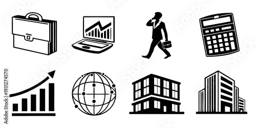 Icons representing various aspects of business and commerce.