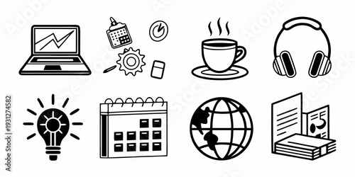 Illustrations of various objects representing remote work and productivity