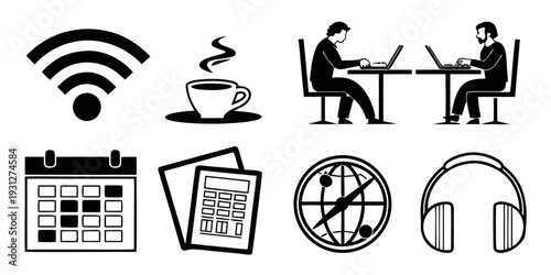 Enjoying coffee while working remotely with headphones and a calendar.