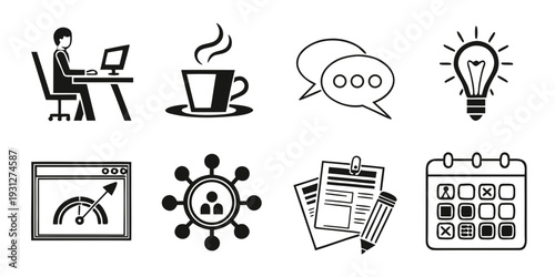Icons representing various aspects of work, productivity, and communication
