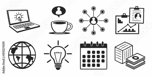 Icons representing various aspects of work, productivity, and lifestyle