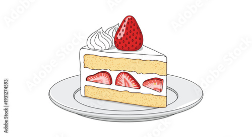 A delicious slice of layered strawberry shortcake with fresh cream and berries served on a white plate, isolated on white.