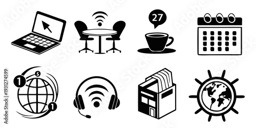 Icons representing various aspects of remote work and daily routine