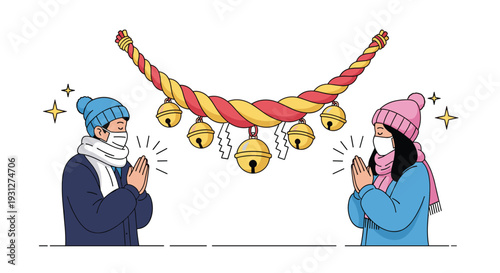 A man and woman in face masks and winter clothes praying at a Japanese shrine under a sacred shimenawa rope for New Year's.