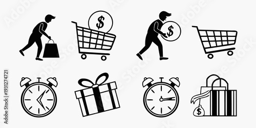 Illustrations of shopping, money, and time management concepts