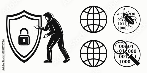 A person breaking through a shield with symbols of cybersecurity and global connectivity.