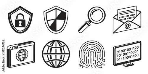 Assorted icons representing security, identification, and communication concepts.