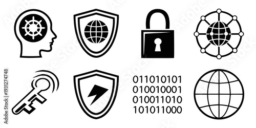 Icons representing various aspects of cybersecurity and digital protection