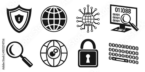 Icons representing various aspects of cybersecurity and digital privacy