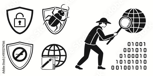 A collection of security icons and a magnifying glass with binary code