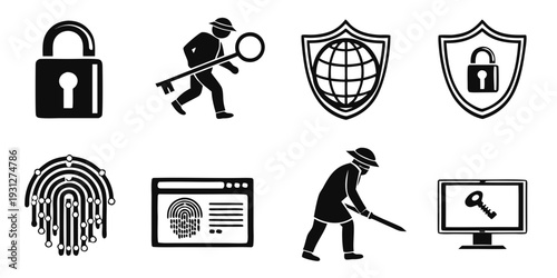 Icons representing various aspects of cybersecurity and digital protection