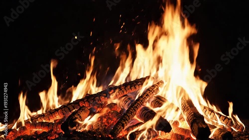 Intense and vibrant campfire flames crackling and burning brightly at night with glowing embers and sparks flying upwards in a dark forest setting.