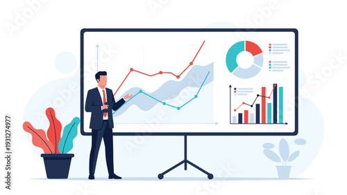 Professional businessman in a suit presenting positive growth trends and various colorful charts on a large white board.