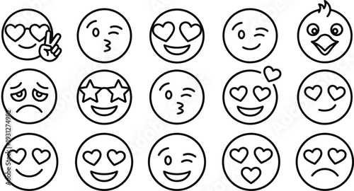 Grid of expressive emoji-style faces with diverse emotions, including hearts, stars, winks, kisses, peace sign, and playful cartoon features for digital communication design