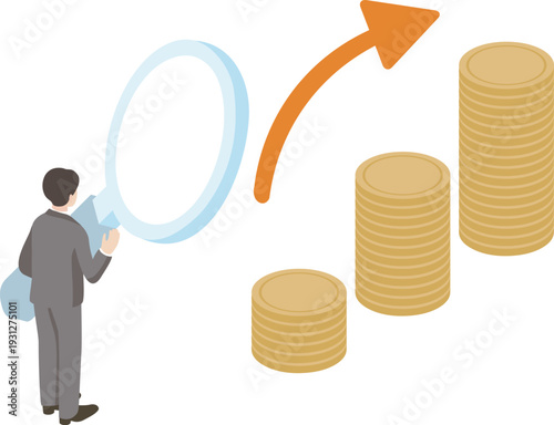 Businessman Analyzing Investment and Asset Management. Isometric Illustration of Stacked Coins and Magnifying Glass