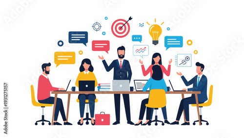 Group of professionals in a business meeting collaborating on a project with computers and creative ideas around a table.