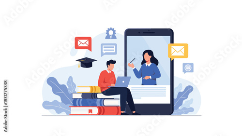 Student sitting on a stack of books and learning through an online course on a giant smartphone screen with a teacher.