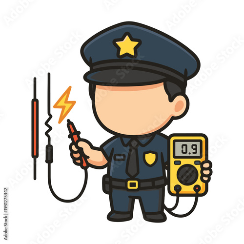 Cartoon policeman measuring voltage with multimeter