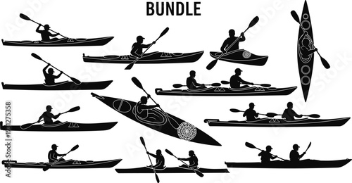 Kayak silhouette bundle set, black vector illustration of paddling kayakers in different poses isolated on white background