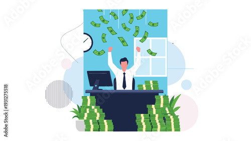 Happy businessman celebrating at his office desk as a rain of money falls around him representing high wealth and profit.