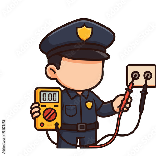 Cartoon policeman using electrical multimeter device