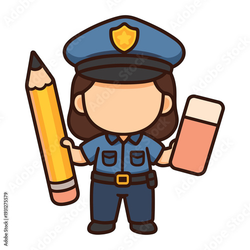 Cartoon police officer holding pencil and eraser