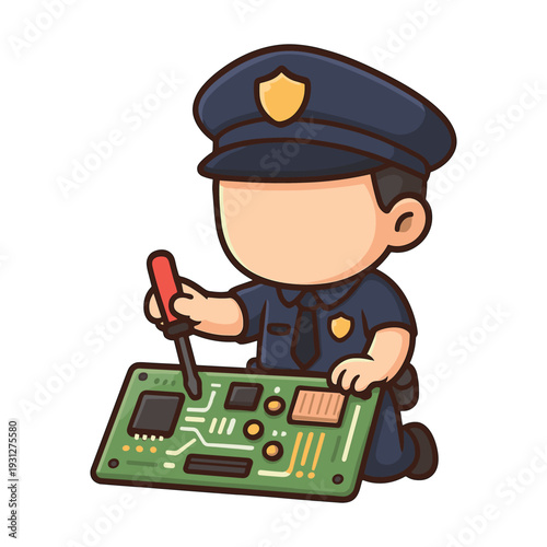 Police officer fixing circuit board cartoon