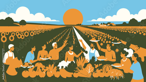 Farmers Working Together vector illustration