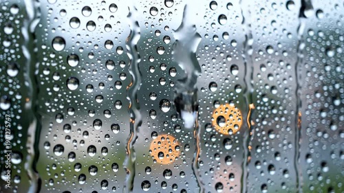 Closeup of rain drops on a window pane with blurred city lights in the background creating a moody and atmospheric scene.