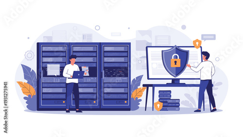 IT security experts working in a server room with a large blue shield icon and a padlock on a monitor for data safety.