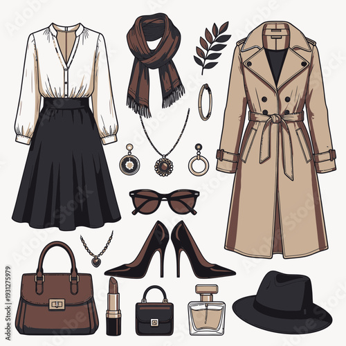 Fashionable Women's Outfit and Accessories vector illustration