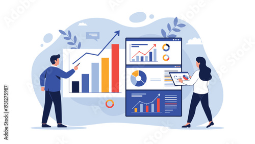Business analysts collaborate to evaluate performance metrics and growth trends displayed on large interactive data screens.