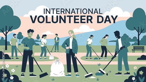 Volunteers Cleaning Park on International Volunteer Day vector illustration