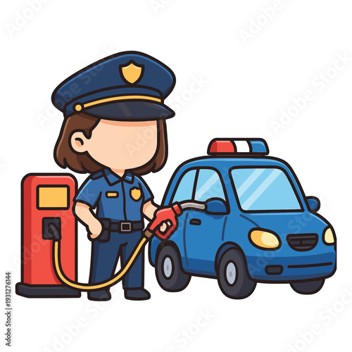 Female police officer refueling police car flat vector illustration