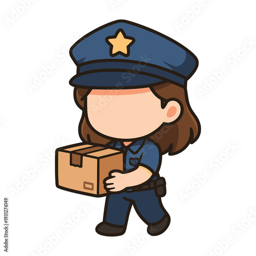 Police woman carrying cardboard box flat vector illustration