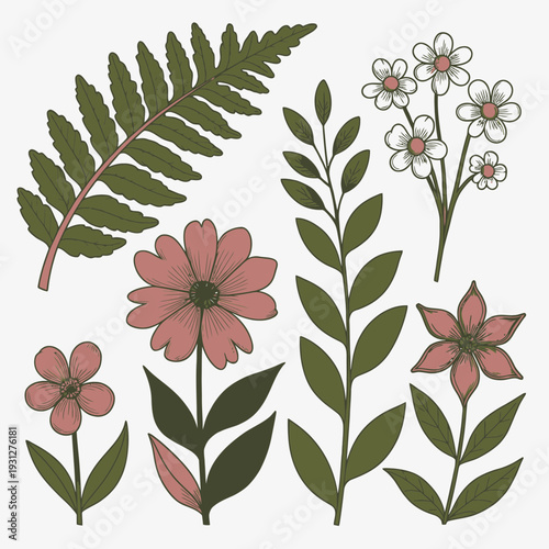 Floral Set with Leaves vector illustration
